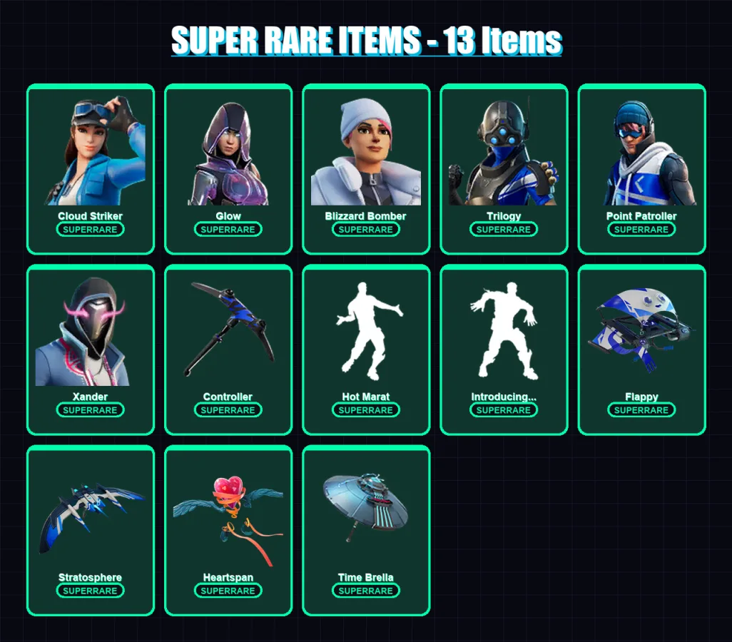 [PS4/PS5/XBOX/PC] | Cloud Striker | Glow | Blizzard Bomber | Trilogy | Point Patroller | 80 skin | 98 pickaxe | 95 emote | 102 glider | Lv1404