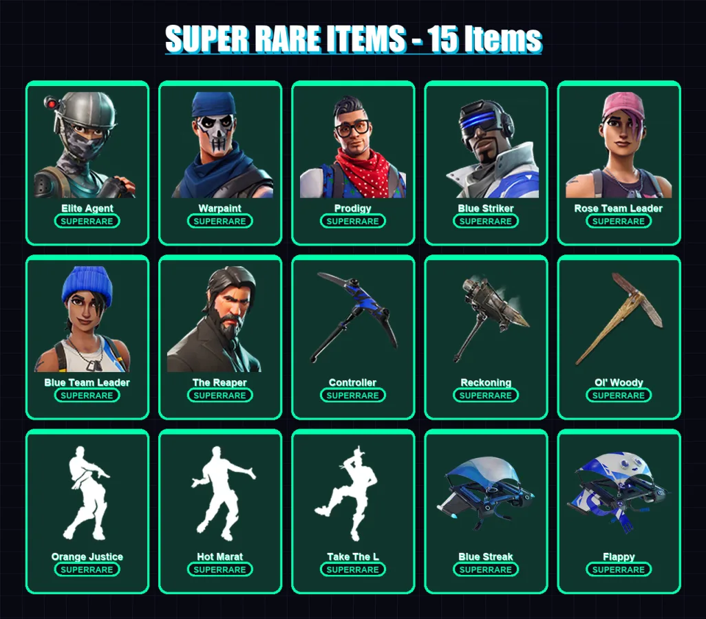 [PS4/PS5/XBOX/PC] | Elite Agent | Warpaint | Prodigy | Blue Striker | Rose Team Leader | 47 skin | 49 pickaxe | 59 emote | 50 glider | Lv555