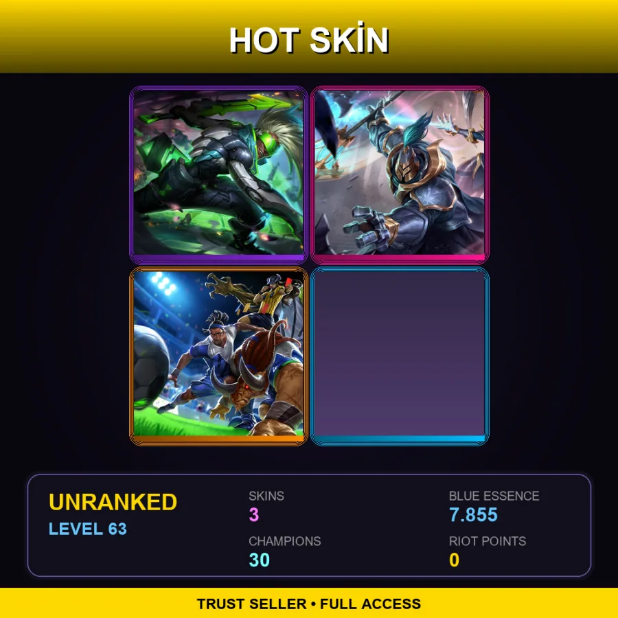 EUW | Lv63 | Unranked | 3 Skin | 30 Champ