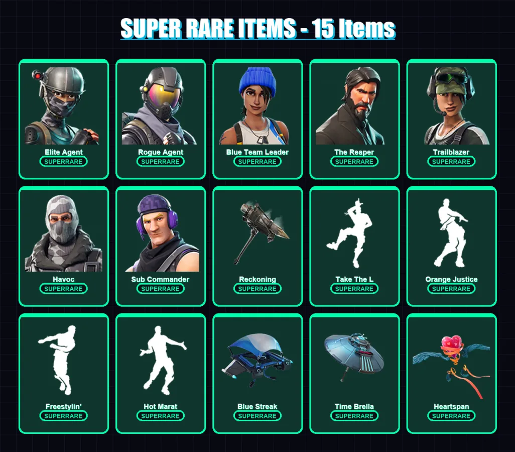 [PS4/PS5/XBOX/PC] | Elite Agent | Rogue Agent | Blue Team Leader | The Reaper | Trailblazer | 92 skin | 84 pickaxe | 95 emote | 93 glider | Lv1293 — Fortnite account