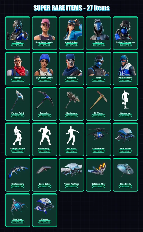 [PS4/PS5/XBOX/PC] | Trilogy | Rose Team Leader | Cloud Striker | Sultura | Carbon Commando | 185 skin | 215 pickaxe | 148 emote | 167 glider | Lv254