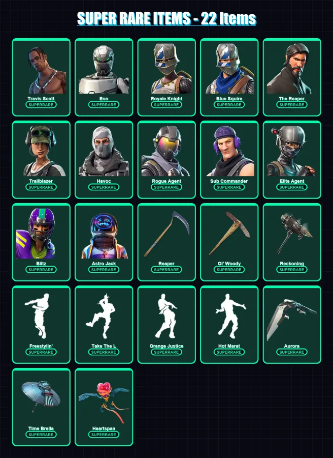 [PC/PSN] | Travis Scott | Eon | Royale Knight | Blue Squire | The Reaper | 121 skin | 118 pickaxe | 116 emote | 113 glider | Lv1637 — Fortnite account