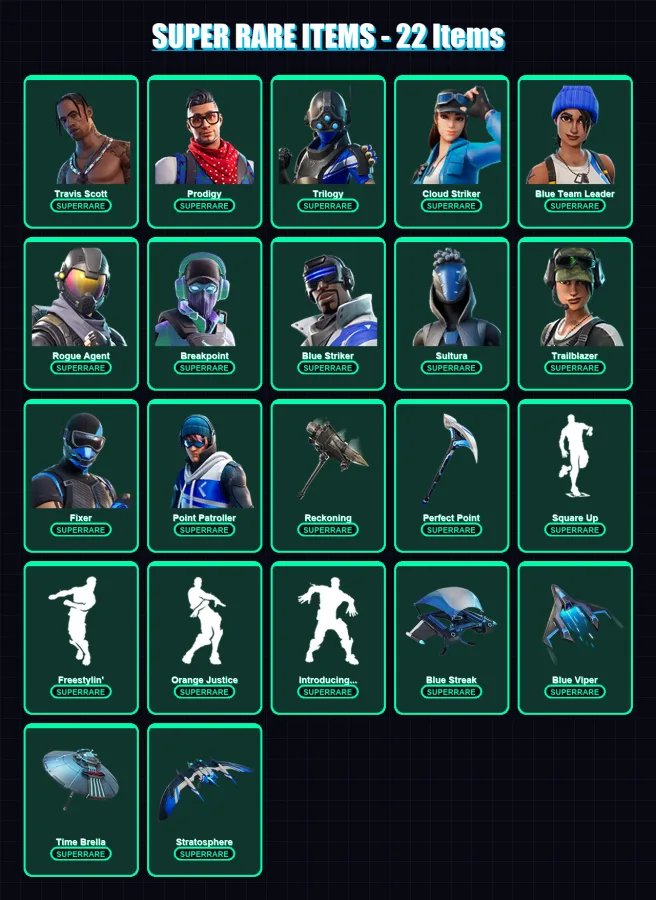 [SWITCH/XBOX/PC] | Travis Scott | Prodigy | Trilogy | Cloud Striker | Blue Team Leader | 142 skin | 151 pickaxe | 132 emote | 125 glider | Lv1712