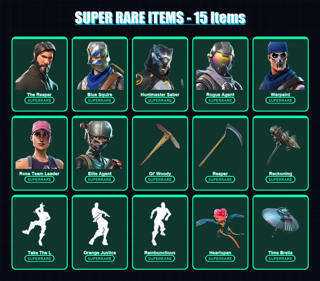 [PC/XBOX/PSN] | The Reaper | Blue Squire | Huntmaster Saber | Renegade Raider | Rogue Agent | 100 skin | 83 pickaxe | 96 emote | 71 glider | Lv864
