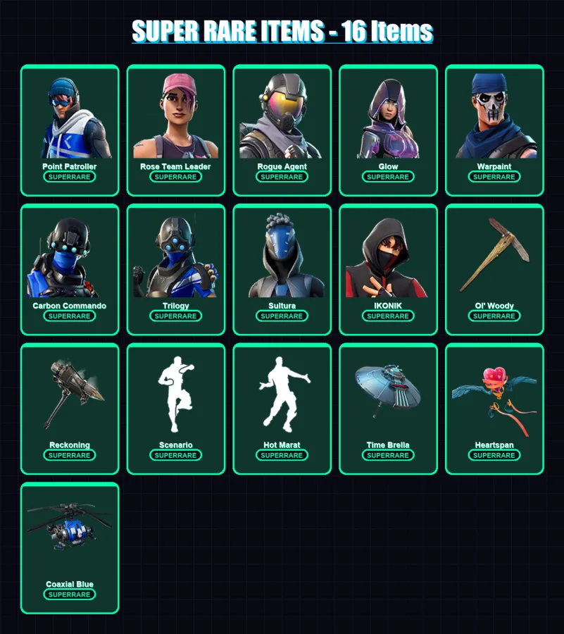 [PS4/PS5/XBOX/PC] | Point Patroller | Rose Team Leader | Rogue Agent | Glow | Warpaint | 93 skin | 90 pickaxe | 100 emote | 92 glider | Lv998 — Fortnite account