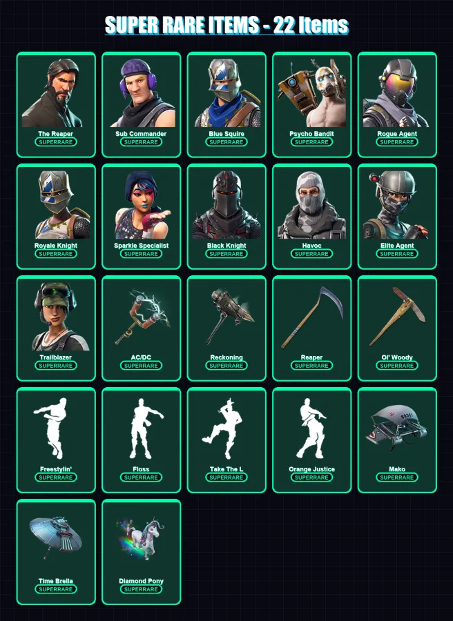 [PC/PSN] | The Reaper | Sub Commander | Blue Squire | Psycho Bandit | Rogue Agent | 180 skin | 133 pickaxe | 164 emote | 120 glider | Lv1637
