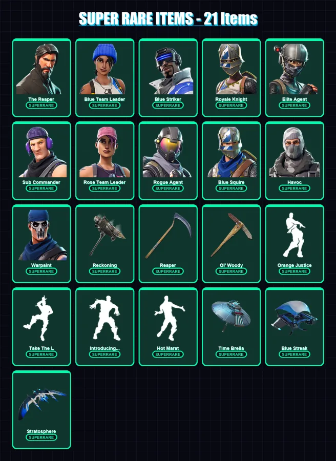 [PS4/PS5/XBOX/PC] | The Reaper | Blue Team Leader | Blue Striker | Royale Knight | Elite Agent | 106 skin | 73 pickaxe | 82 emote | 80 glider | Lv10
