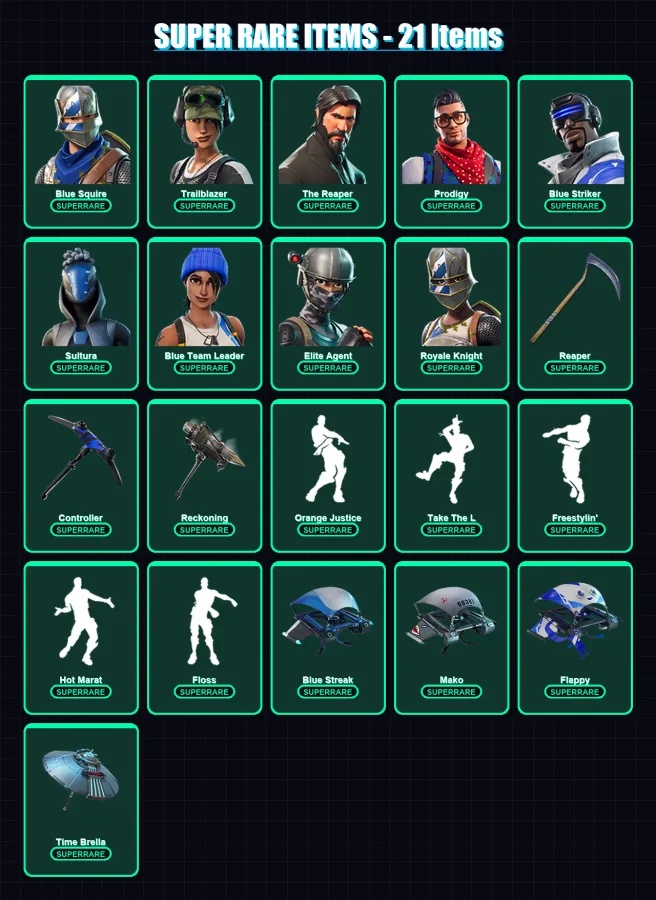 [PS4/PS5/XBOX/PC] | Blue Squire | Trailblazer | The Reaper | Prodigy | Blue Striker | 73 skin | 73 pickaxe | 68 emote | 81 glider | Lv1184