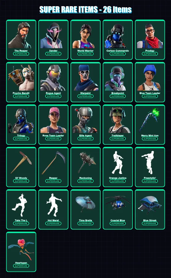 [PC] | The Reaper | Xander | World Warrior | Carbon Commando | Prodigy | 319 skin | 267 pickaxe | 228 emote | 194 glider | Lv3701 — Fortnite account