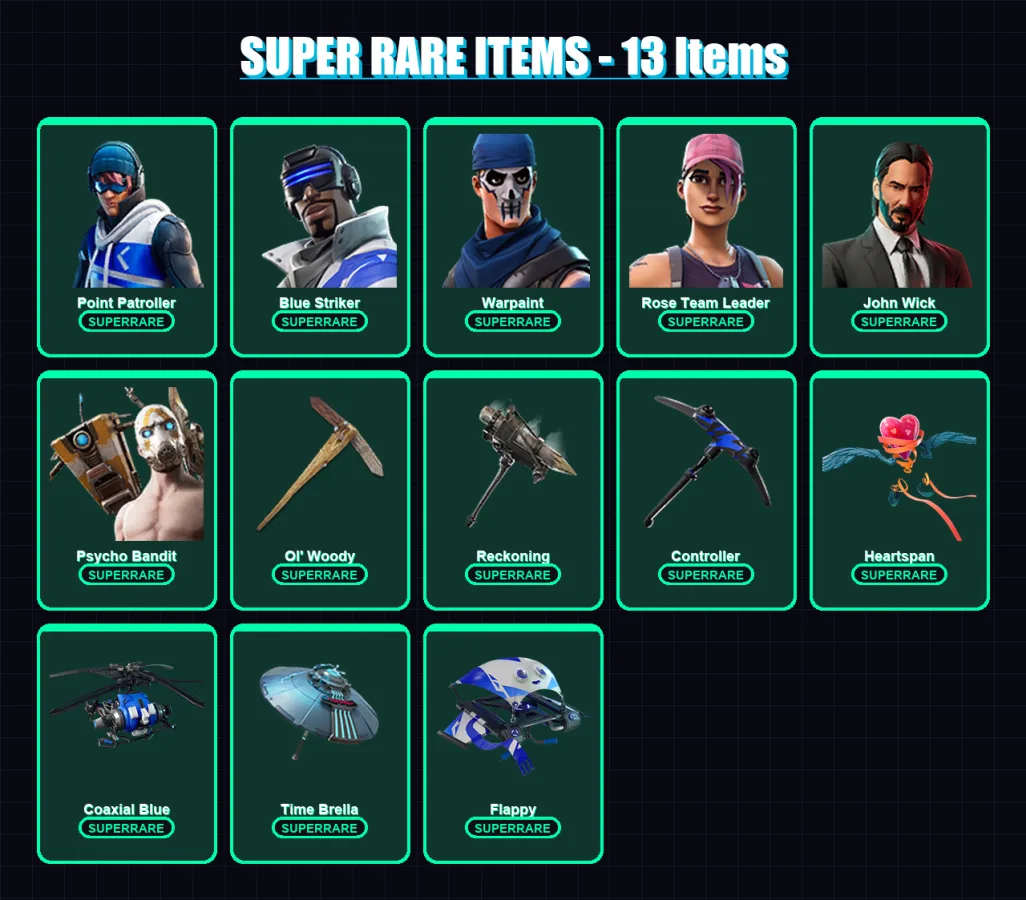 [PC/XBOX] | Point Patroller | Blue Striker | Warpaint | Rose Team Leader | John Wick | 105 skin | 110 pickaxe | 87 emote | 109 glider | Lv1196