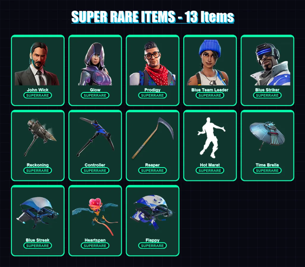 [PC/XBOX/PSN] | John Wick | Glow | Prodigy | Blue Team Leader | Blue Striker | 115 skin | 109 pickaxe | 97 emote | 107 glider | Lv1565