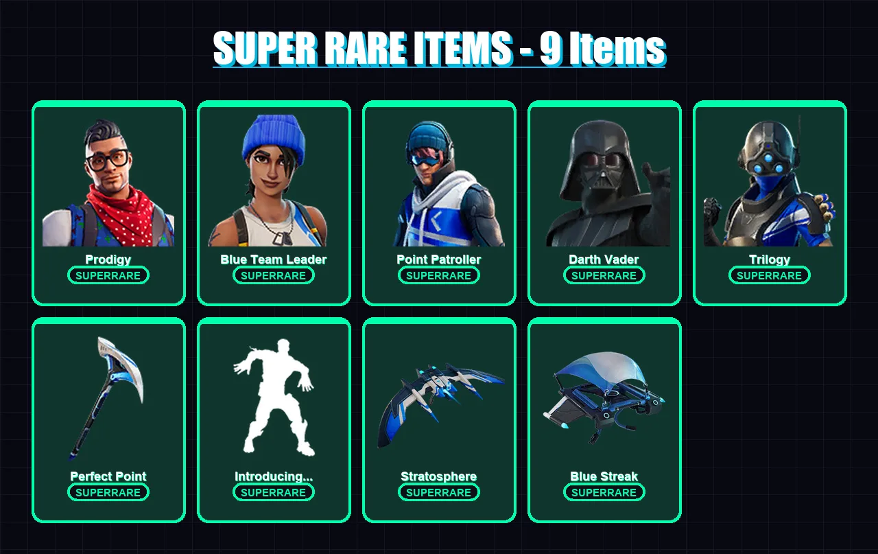 [PC] | Prodigy | Blue Team Leader | Point Patroller | Darth Vader | Trilogy | 94 skin | 131 pickaxe | 85 emote | 117 glider | Lv1499