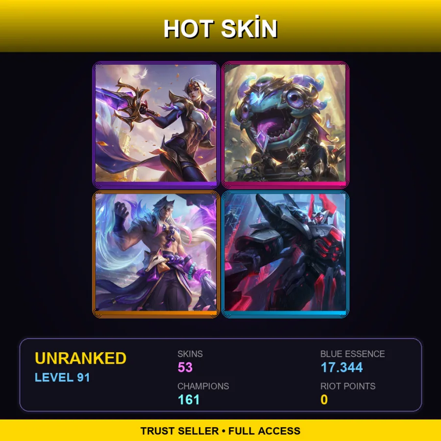 SG | Lv91 | Unranked | 53 Skin | 161 Champ — LoL account