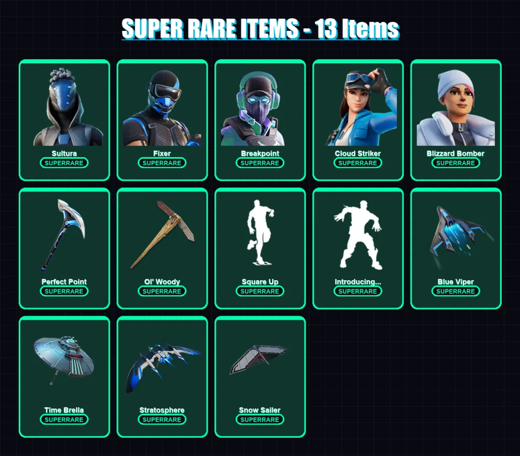 [PS4/PS5/XBOX/PC] | Sultura | Fixer | Breakpoint | Cloud Striker | Blizzard Bomber | 160 skin | 183 pickaxe | 167 emote | 147 glider | Lv2157