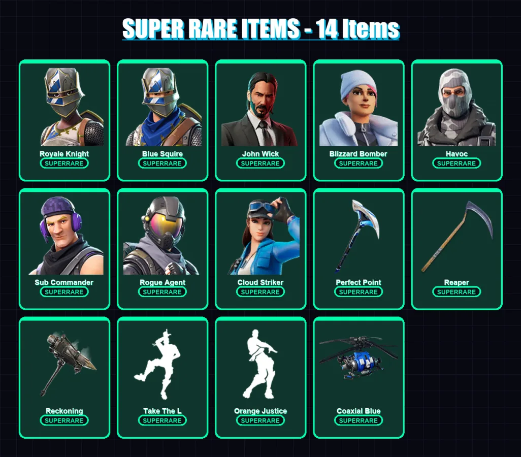 [PS4/PS5/XBOX/PC] | Royale Knight | Blue Squire | John Wick | Blizzard Bomber | Havoc | 263 skin | 231 pickaxe | 188 emote | 168 glider | Lv2044
