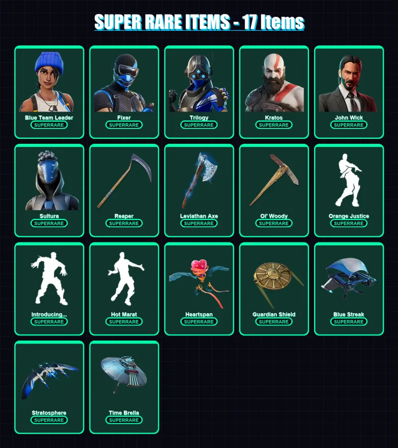 [PS4/PS5/XBOX/PC] | Blue Team Leader | Fixer | Trilogy | Kratos | John Wick | 169 skin | 163 pickaxe | 130 emote | 134 glider | Lv1593