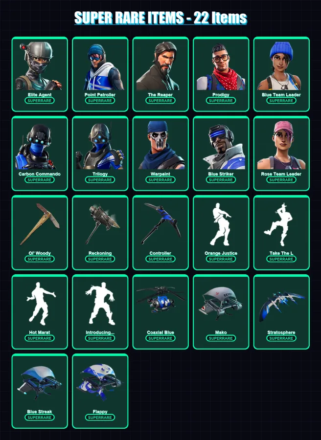 [PC/XBOX/PSN] | Elite Agent | Point Patroller | The Reaper | Prodigy | Blue Team Leader | 108 skin | 111 pickaxe | 115 emote | 119 glider | Lv1366