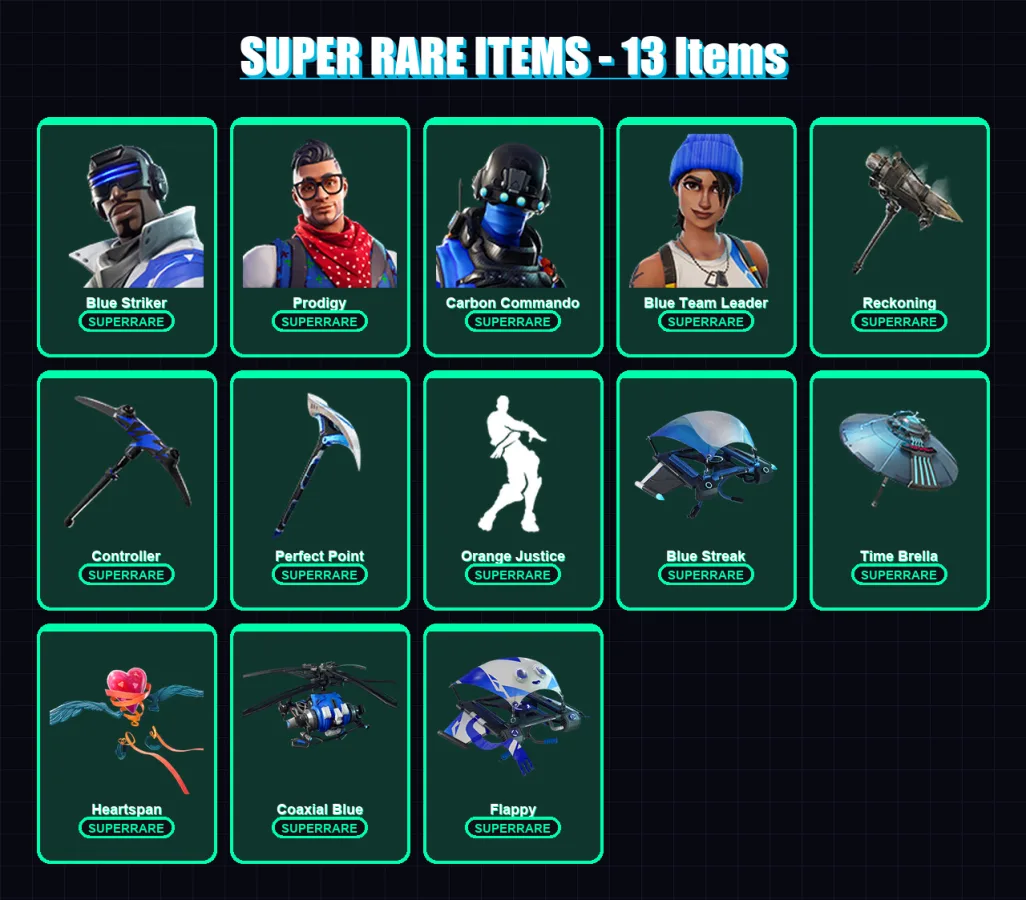 [PS4/PS5/XBOX/PC] | Blue Striker | Prodigy | Carbon Commando | Blue Team Leader | Calamity | 59 skin | 49 pickaxe | 55 emote | 64 glider | Lv685