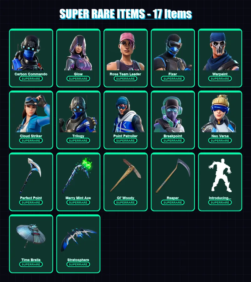 [PC/XBOX] | Carbon Commando | Glow | Rose Team Leader | Fixer | Warpaint | 174 skin | 178 pickaxe | 167 emote | 160 glider | Lv2646 — Fortnite account