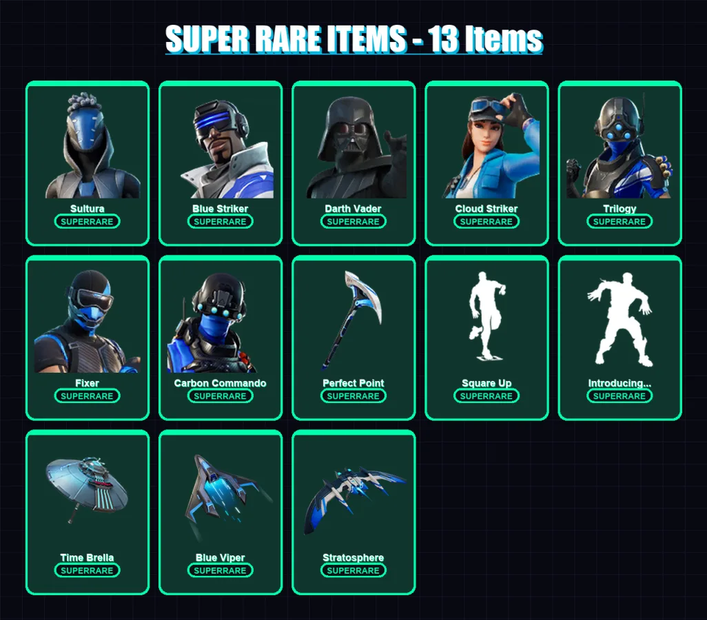 [PS4/PS5/XBOX/PC] | Sultura | Blue Striker | Darth Vader | Cloud Striker | Trilogy | 85 skin | 113 pickaxe | 86 emote | 100 glider | Lv1539