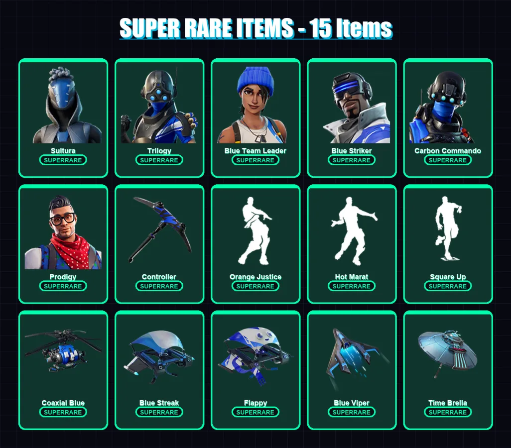 [PS4/PS5/XBOX/PC] | Sultura | Trilogy | Blue Team Leader | Blue Striker | Carbon Commando | 45 skin | 52 pickaxe | 71 emote | 65 glider | Lv786