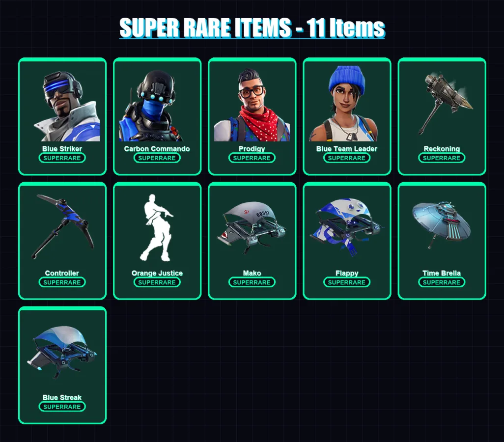 [PS4/PS5/XBOX/PC] | Blue Striker | Carbon Commando | Prodigy | Blue Team Leader | Wild Card | 64 skin | 87 pickaxe | 95 emote | 103 glider | Lv1820