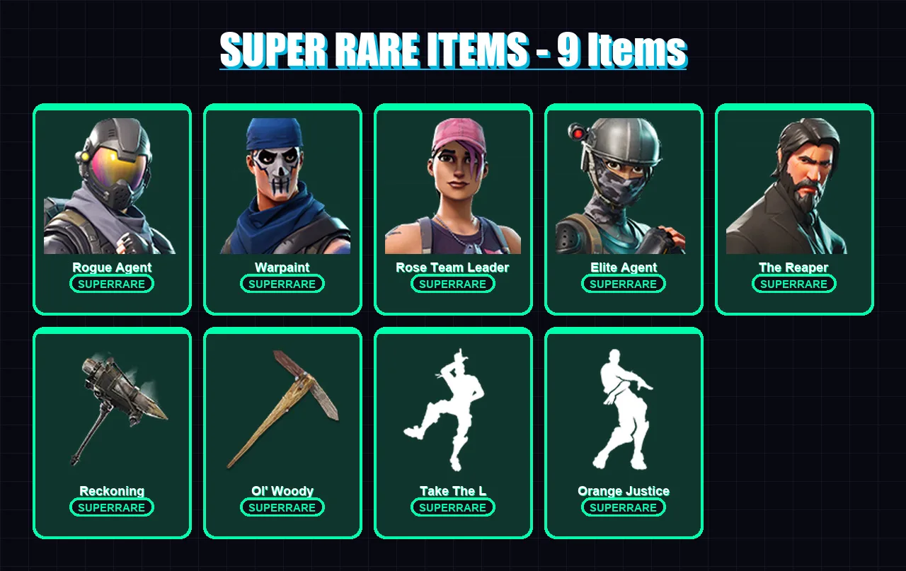 [PC/PSN] | Rogue Agent | Warpaint | Rose Team Leader | Elite Agent | The Reaper | 63 skin | 52 pickaxe | 63 emote | 53 glider | Lv488