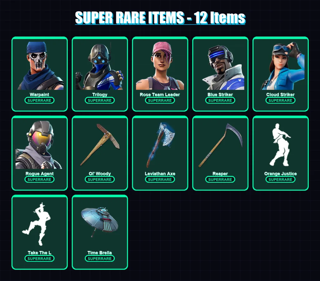 [PC/XBOX] | Warpaint | Trilogy | Rose Team Leader | Blue Striker | Cloud Striker | 114 skin | 104 pickaxe | 90 emote | 93 glider | Lv1435 — Fortnite account