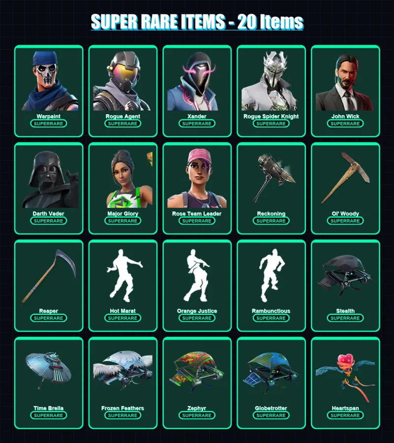 [PC] | Warpaint | Rogue Agent | Xander | Rogue Spider Knight | John Wick | 547 skin | 471 pickaxe | 384 emote | 324 glider | Lv5143