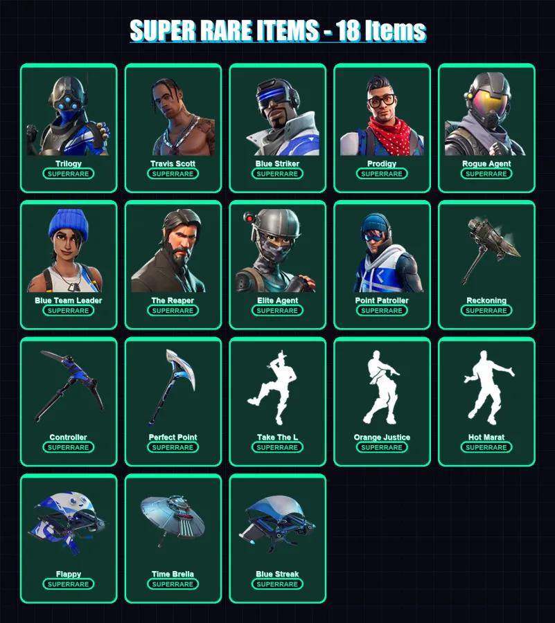 [PS4/PS5/XBOX/PC] | Trilogy | Travis Scott | Blue Striker | Prodigy | Rogue Agent | 103 skin | 120 pickaxe | 107 emote | 116 glider | Lv2105
