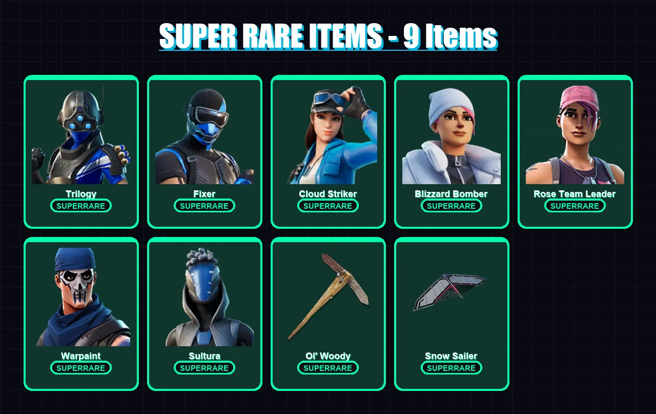 [PC] | Trilogy | Fixer | Cloud Striker | Blizzard Bomber | Rose Team Leader | 43 skin | 70 pickaxe | 49 emote | 62 glider | Lv655