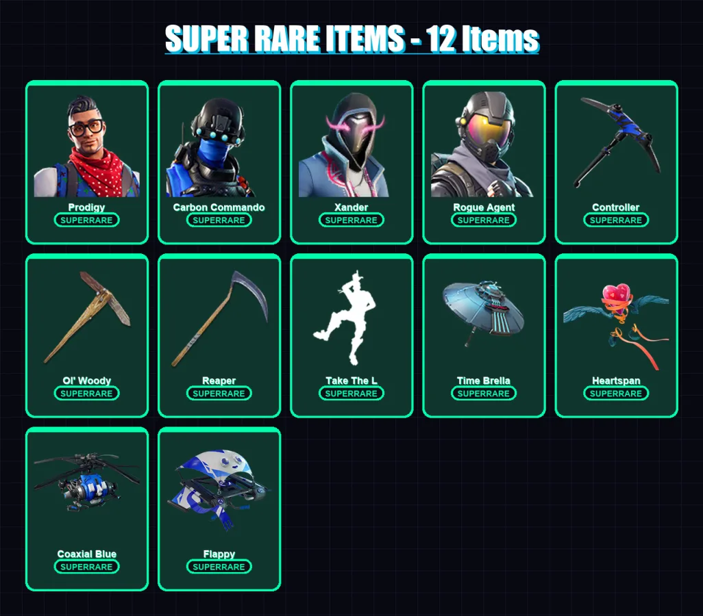 [PC/XBOX] | Prodigy | Carbon Commando | Xander | Rogue Agent | Hybrid | 113 skin | 129 pickaxe | 80 emote | 100 glider | Lv1501 — Fortnite account