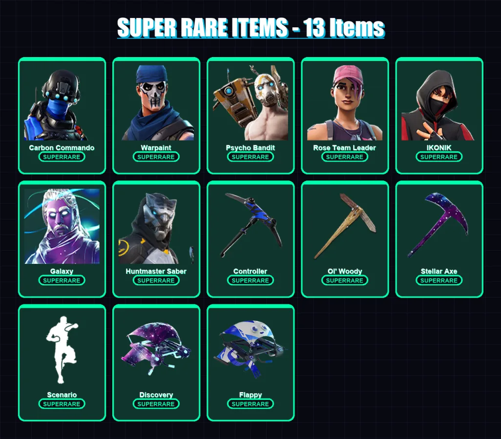 [PC] | Carbon Commando | Warpaint | Psycho Bandit | Rose Team Leader | IKONIK | 8 skin | 20 pickaxe | 25 emote | 21 glider | Lv275
