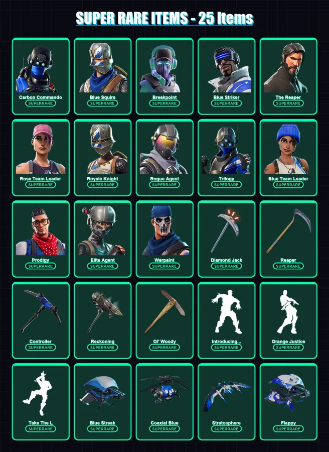 [PC] | Carbon Commando | Blue Squire | Breakpoint | Blue Striker | The Reaper | 85 skin | 67 pickaxe | 94 emote | 77 glider | Lv847 — Fortnite account