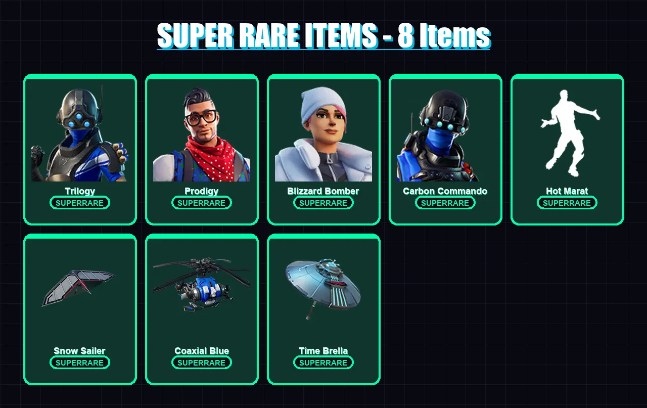 [PS4/PS5/XBOX/PC] | Trilogy | Prodigy | Blizzard Bomber | Carbon Commando | Hybrid | 58 skin | 73 pickaxe | 61 emote | 68 glider | Lv927