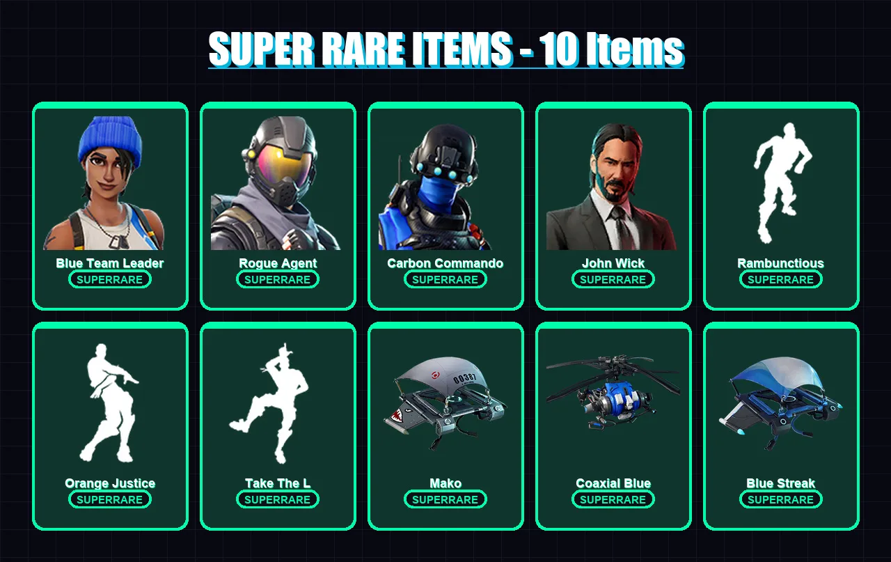 [PS4/PS5/XBOX/PC] | Blue Team Leader | Rogue Agent | Carbon Commando | John Wick | Fate | 68 skin | 55 pickaxe | 76 emote | 59 glider | Lv665
