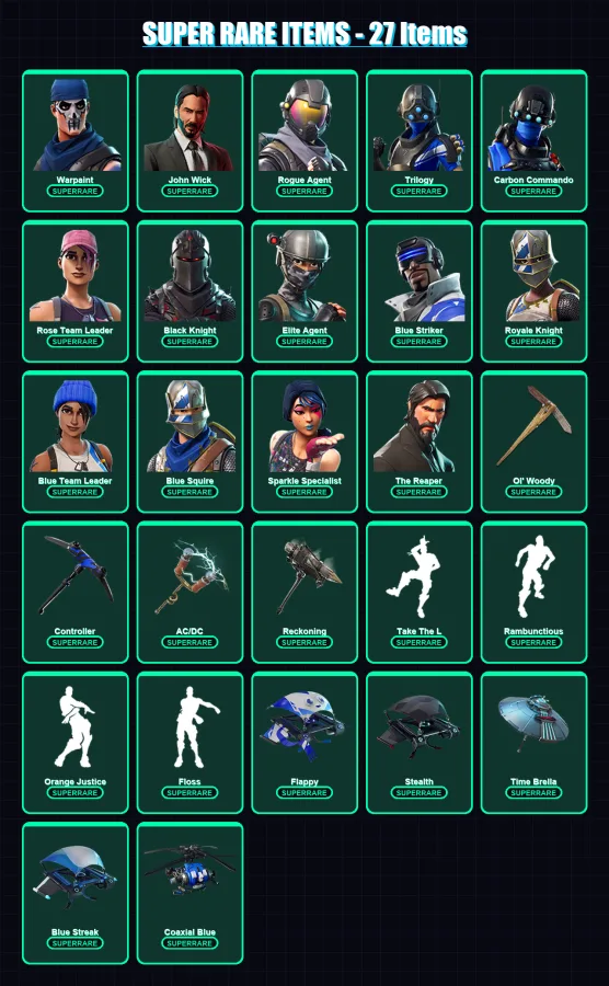 [SWITCH/XBOX/PSN/PC] | Warpaint | John Wick | Rogue Agent | Trilogy | Carbon Commando | 124 skin | 92 pickaxe | 106 emote | 96 glider | Lv1054