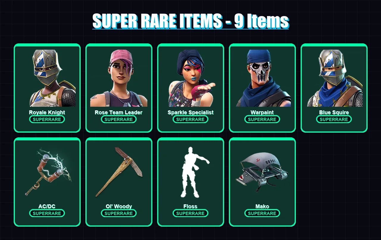 [PC/XBOX/PSN] | Royale Knight | Rose Team Leader | Sparkle Specialist | Warpaint | Blue Squire | 10 skin | 10 pickaxe | 9 emote | 12 glider | Lv134