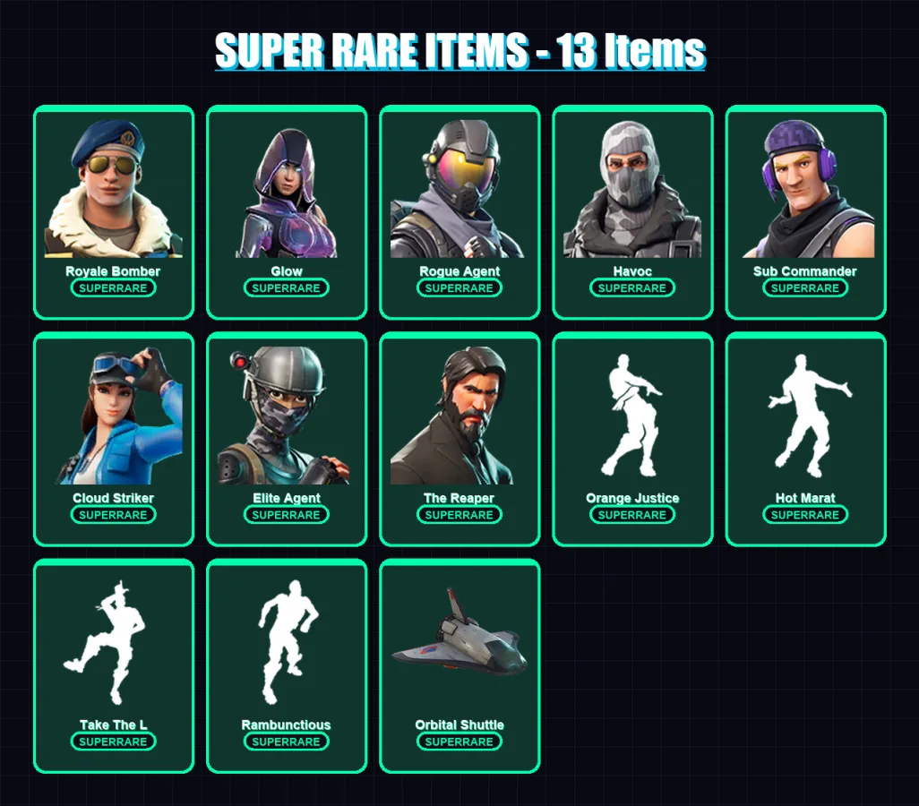 [PS4/PS5/XBOX/PC] | Royale Bomber | Glow | Rogue Agent | Havoc | Sub Commander | 53 skin | 91 pickaxe | 67 emote | 90 glider | Lv1443