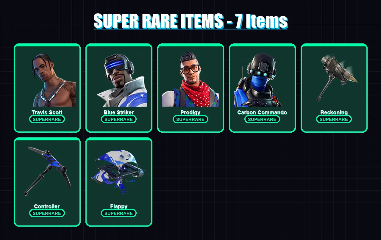 [PC] | Travis Scott | Blue Striker | Prodigy | Carbon Commando | Enforcer | 42 skin | 48 pickaxe | 70 emote | 57 glider | Lv1060