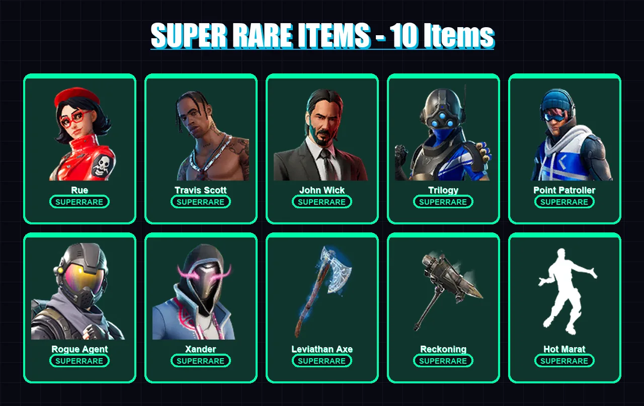 [PC/XBOX] | Rue | Travis Scott | John Wick | Trilogy | Point Patroller | 207 skin | 163 pickaxe | 119 emote | 130 glider | Lv1786