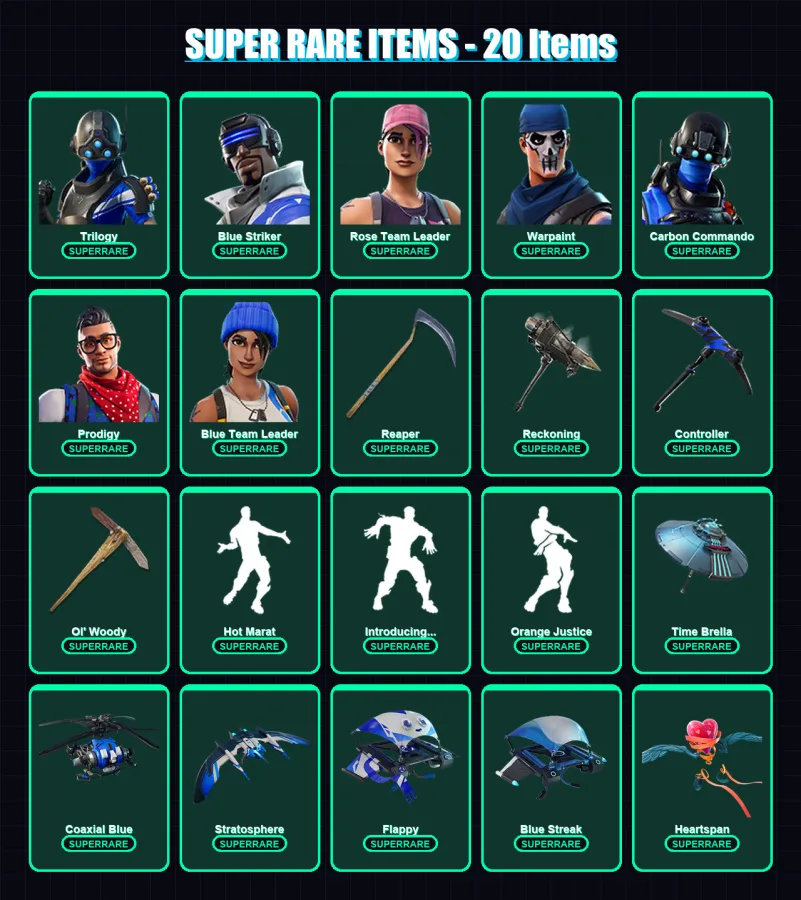 [PC/XBOX] | Trilogy | Blue Striker | Rose Team Leader | Warpaint | Carbon Commando | 122 skin | 144 pickaxe | 127 emote | 139 glider | Lv1929