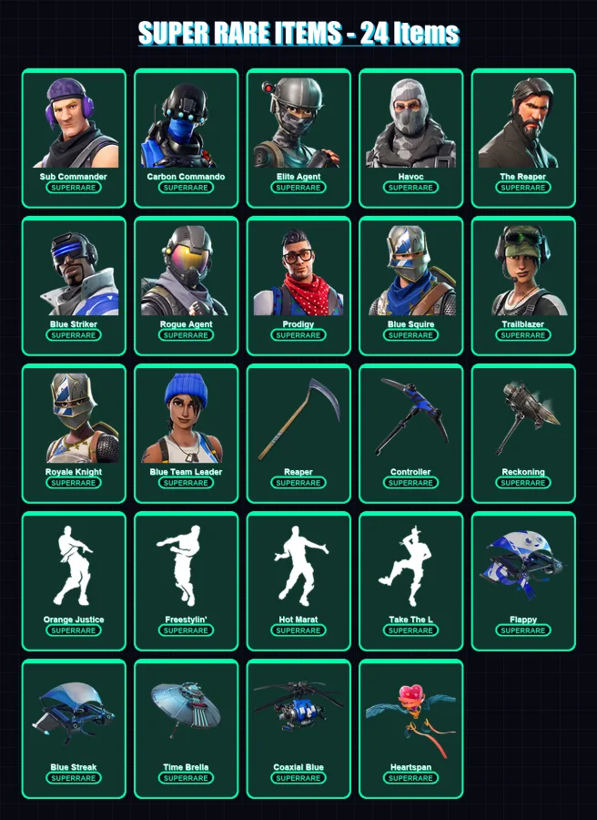 [PC/PSN] | Sub Commander | Carbon Commando | Elite Agent | Havoc | The Reaper | 70 skin | 58 pickaxe | 69 emote | 63 glider | Lv965