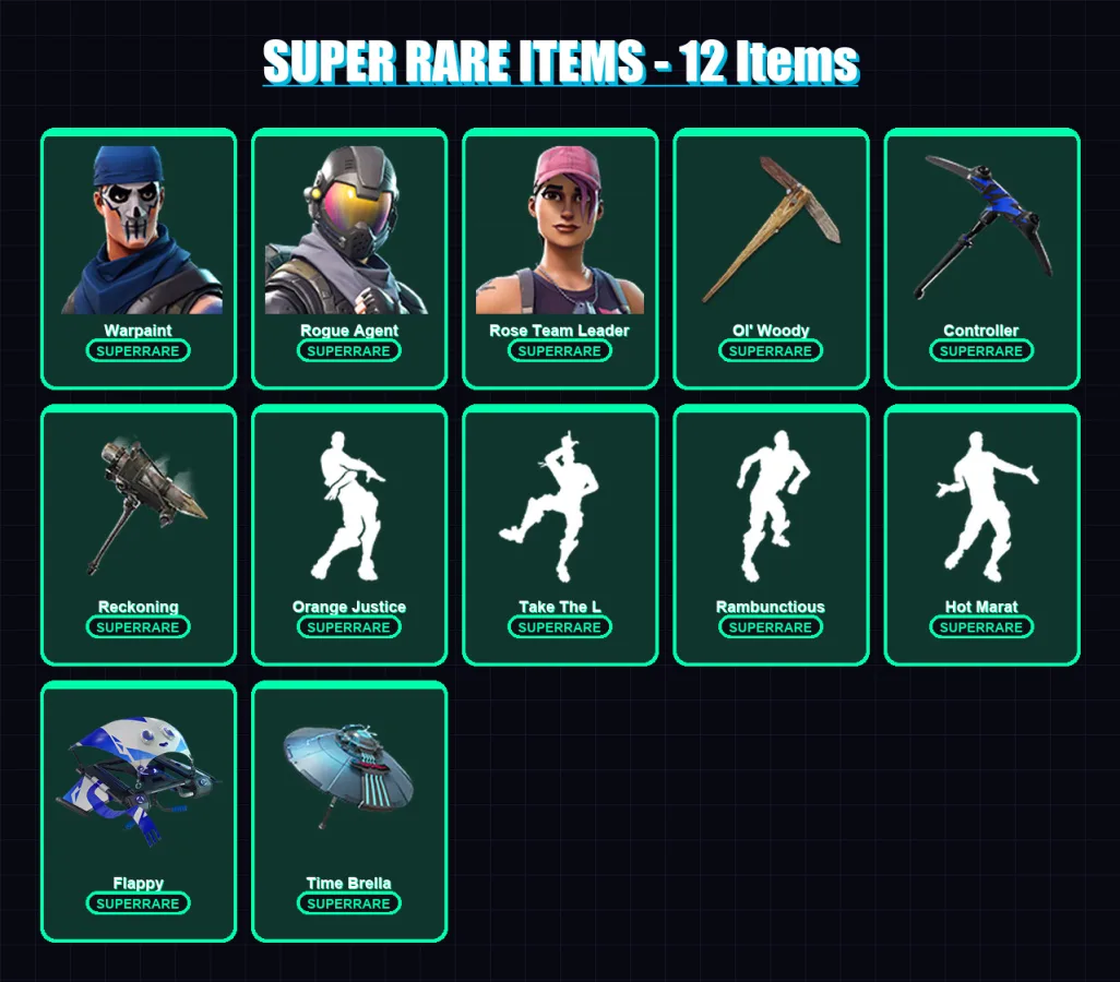 [PS4/PS5/XBOX/PC] | Warpaint | Rogue Agent | Rose Team Leader | Dark Voyager | Malik | 32 skin | 64 pickaxe | 41 emote | 51 glider | Lv802