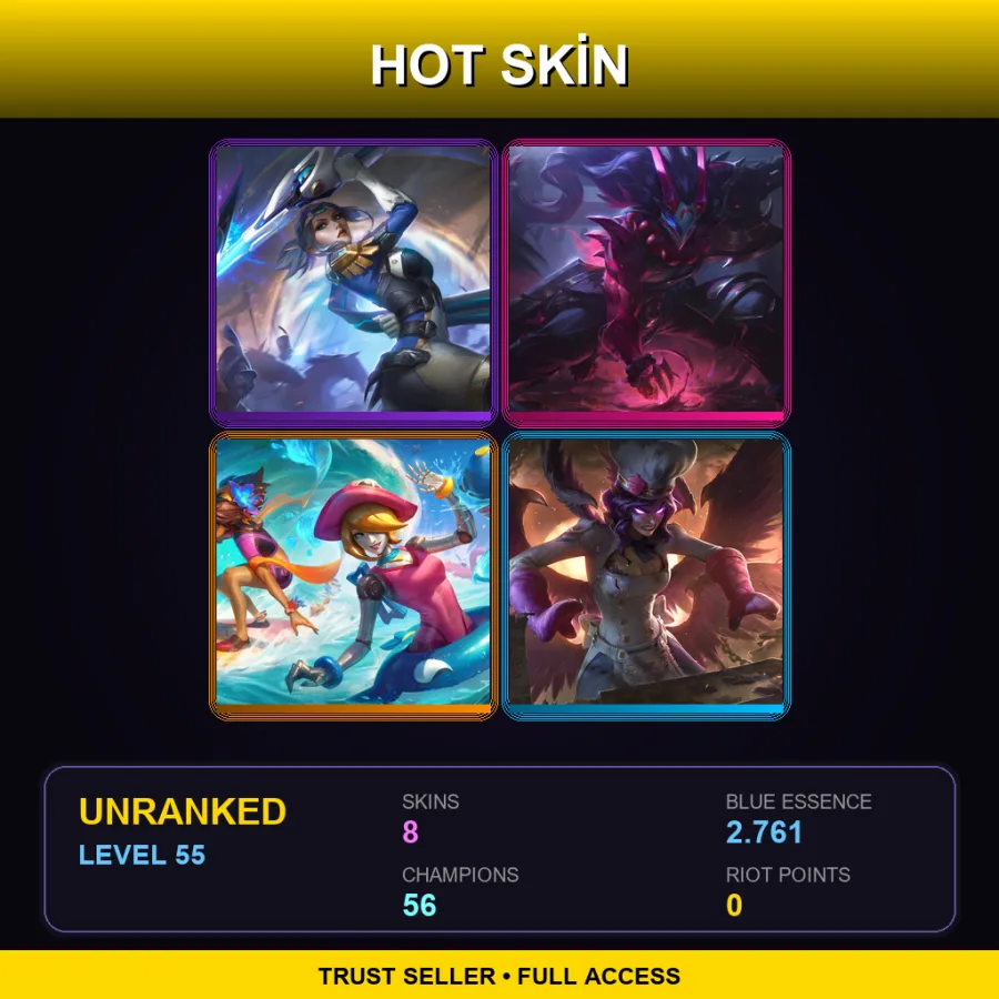 EUNE | Lv55 | Unranked | 8 Skin | 56 Champ — LoL account