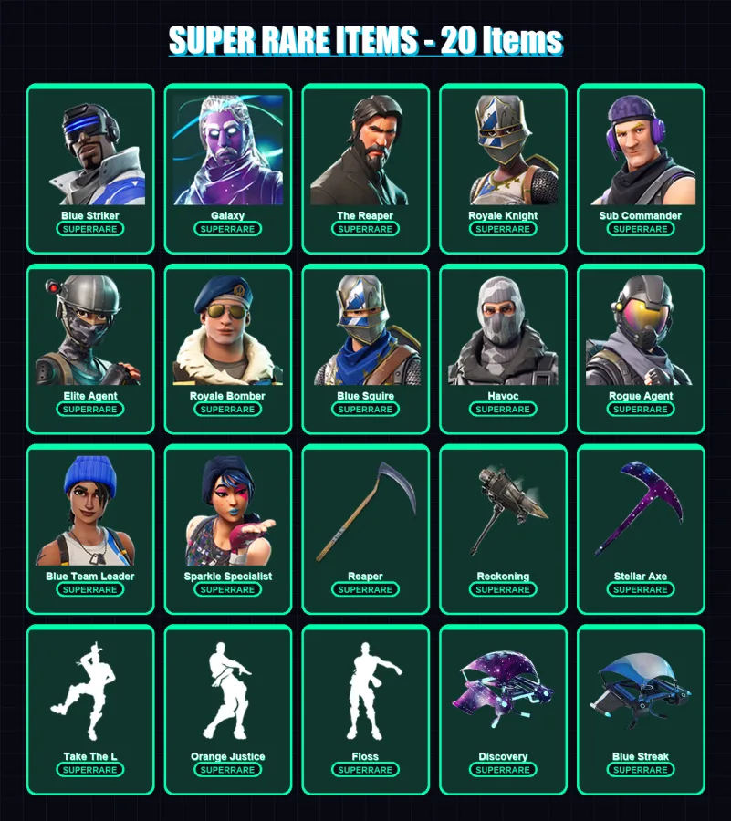 [PC/XBOX] | Blue Striker | Galaxy | The Reaper | Royale Knight | Sub Commander | 69 skin | 36 pickaxe | 45 emote | 35 glider | Lv404