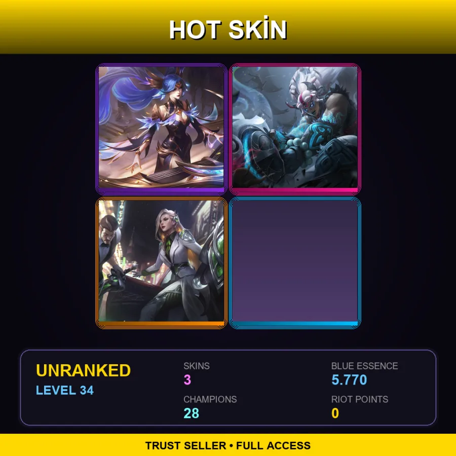 EUW | Lv34 | Unranked | 3 Skin | 28 Champ — LoL account