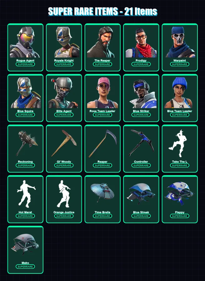 [PC/XBOX] | Rogue Agent | Royale Knight | The Reaper | Prodigy | Warpaint | 140 skin | 156 pickaxe | 135 emote | 150 glider | Lv2123