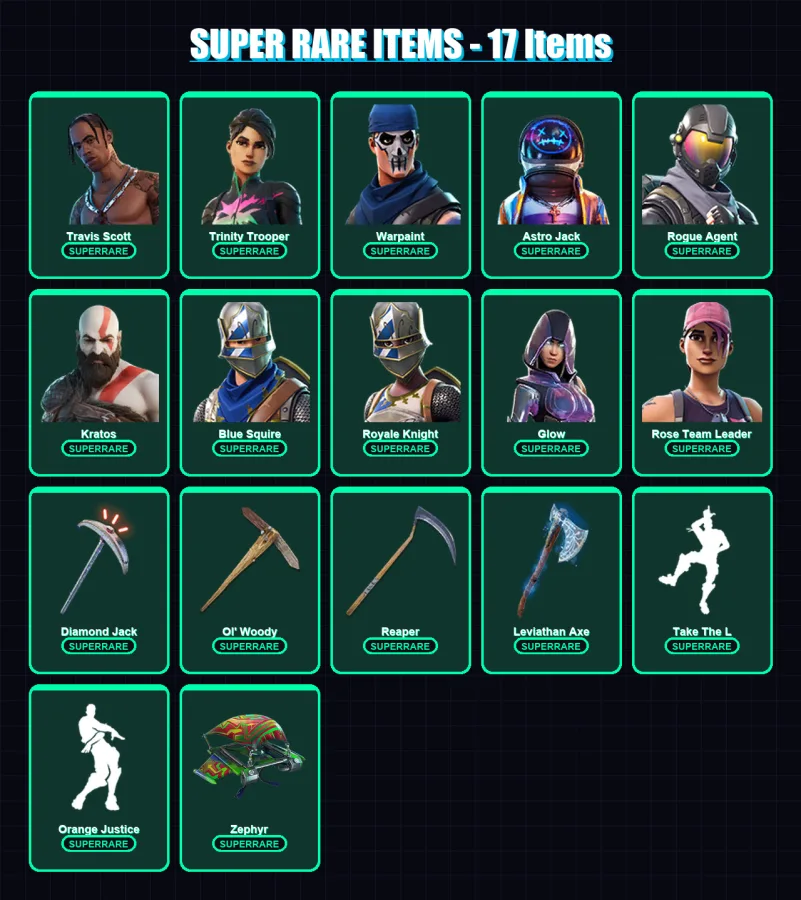 [PC/XBOX/PSN] | Travis Scott | Trinity Trooper | Warpaint | Astro Jack | Rogue Agent | 241 skin | 176 pickaxe | 175 emote | 114 glider | Lv2072