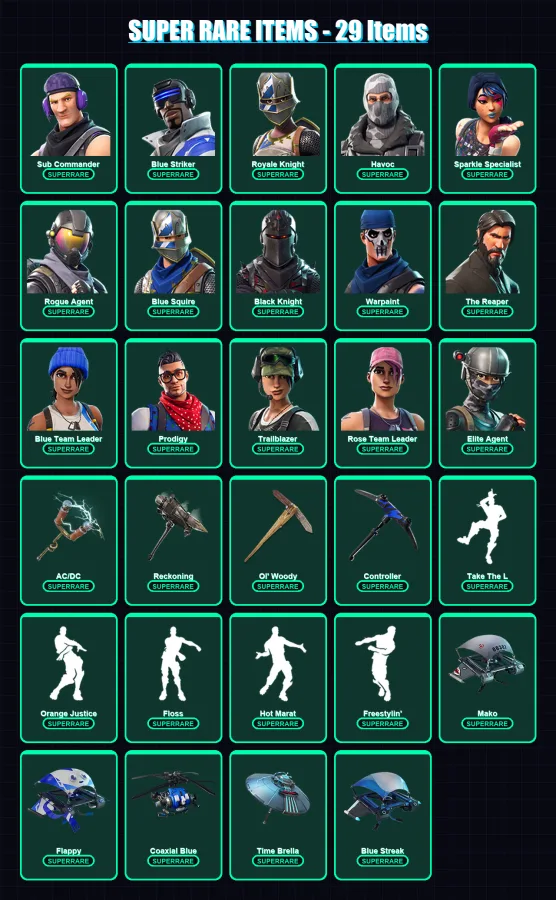 [PC/XBOX] | Sub Commander | Blue Striker | Royale Knight | Havoc | Sparkle Specialist | 143 skin | 135 pickaxe | 131 emote | 127 glider | Lv2096